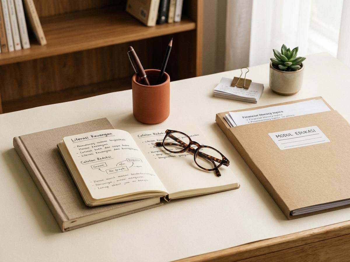 Meja kerja redaksi dengan buku catatan, pena, dan dokumen literasi keuangan tertata rapi